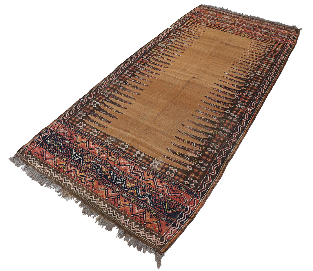 4'x8' Vintage Baluch Sofreh Kilim | Camel Hair Ground & Geometric Tribal Design