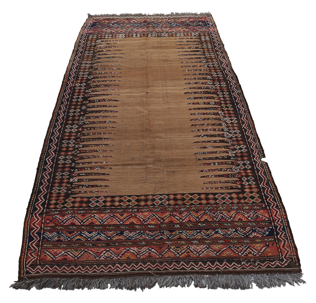 4'x8' Vintage Baluch Sofreh Kilim | Camel Hair Ground & Geometric Tribal Design
