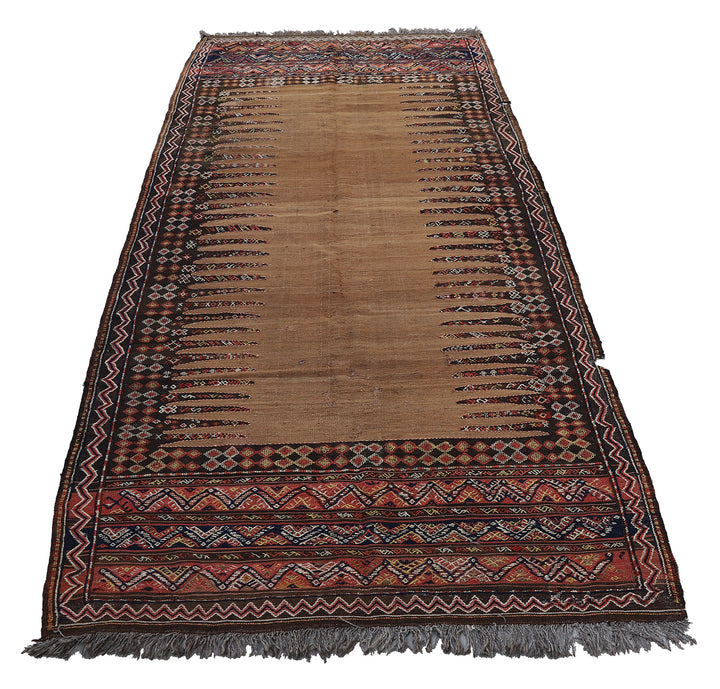 4'x8' Vintage Baluch Sofreh Kilim | Camel Hair Ground & Geometric Tribal Design