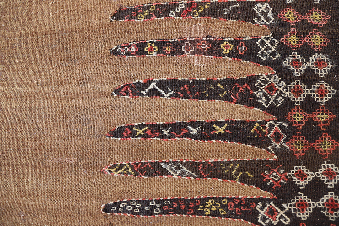 4'x8' Vintage Baluch Sofreh Kilim | Camel Hair Ground & Geometric Tribal Design