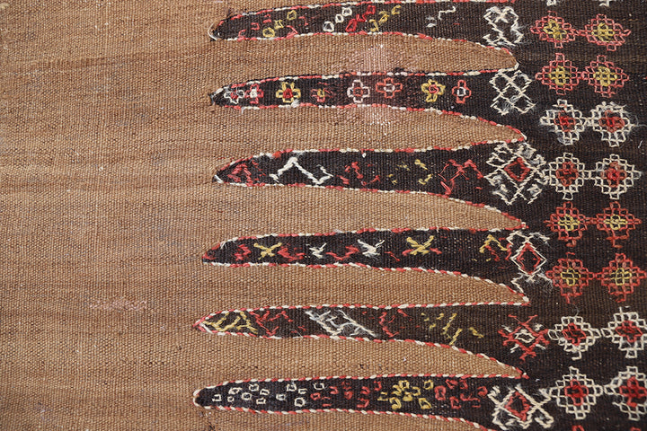 4'x8' Vintage Baluch Sofreh Kilim | Camel Hair Ground & Geometric Tribal Design