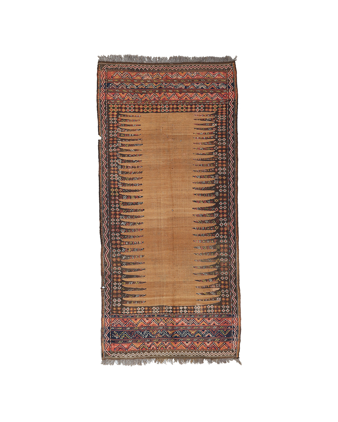 4'x8' Vintage Baluch Sofreh Kilim | Camel Hair Ground & Geometric Tribal Design
