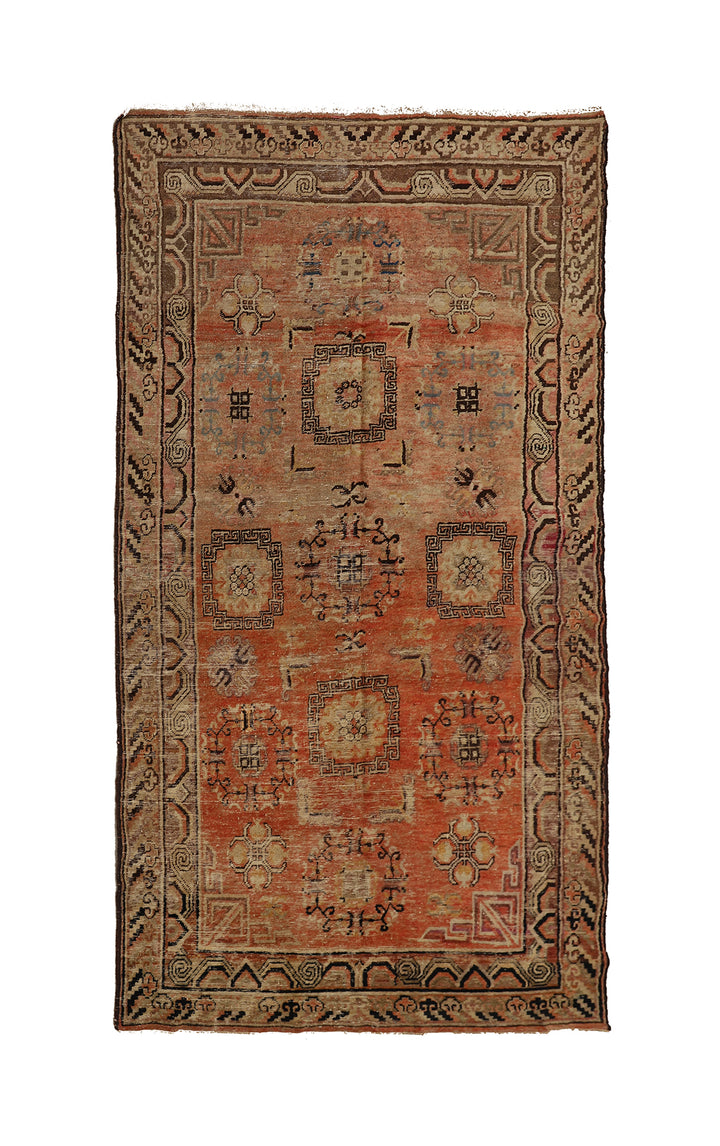 4'x8' Vintage Khotan Rug | Hand-Knotted Terracotta | Geometric Medallions