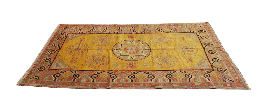 4'x8' Vintage Khotan Rug | Saffron Yellow | Medallions | East Turkistan
