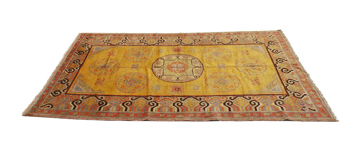 4'x8' Vintage Khotan Rug | Saffron Yellow | Medallions | East Turkistan