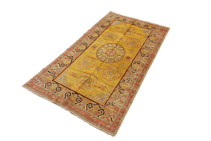 4'x8' Vintage Khotan Rug | Saffron Yellow | Medallions | East Turkistan