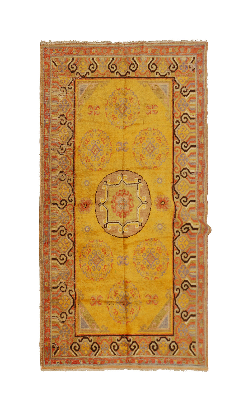 4'x8' Vintage Khotan Rug | Saffron Yellow | Medallions | East Turkistan