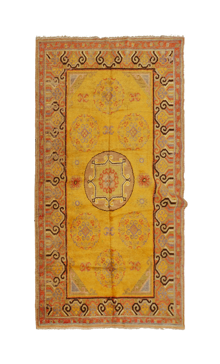 4'x8' Vintage Khotan Rug | Saffron Yellow | Medallions | East Turkistan
