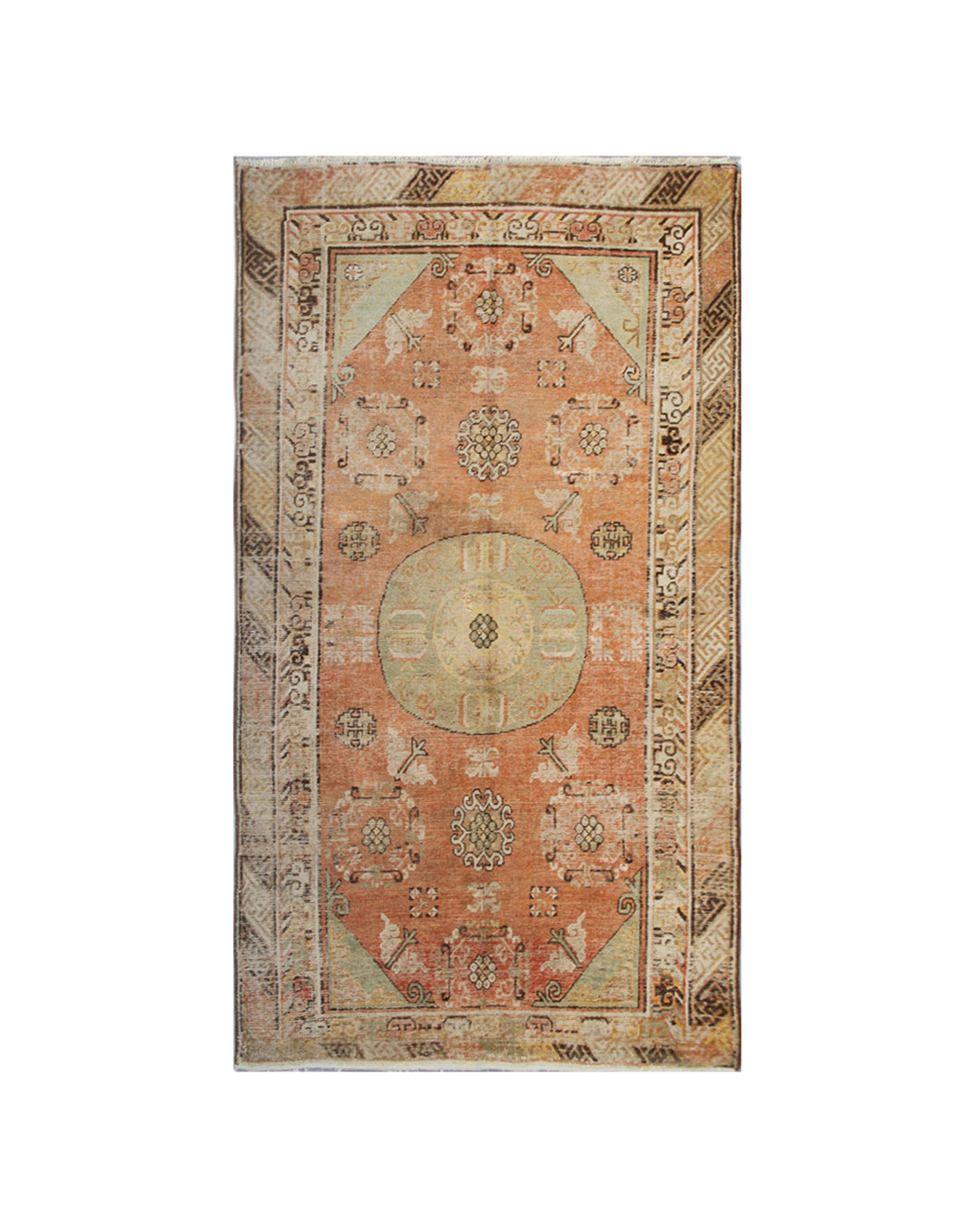 Rare 4x9 antique Samarkand Khotan hand-knotted wool rug featuring orange and soft green medallions on a pale terracotta geometric field by Ariana Rugs.