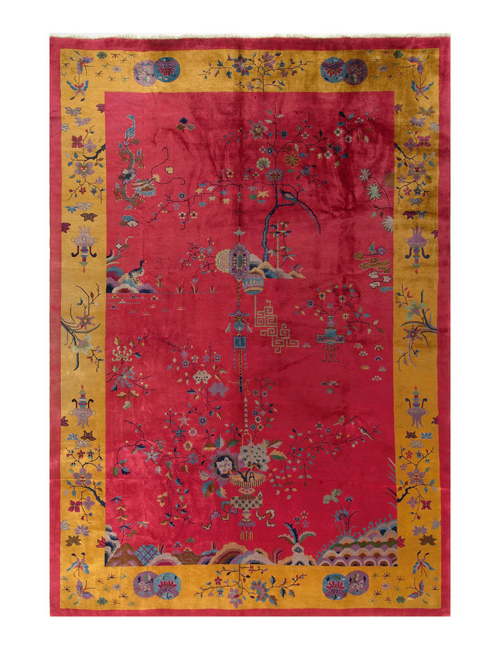 12'x14' Red and Golden Yellow Floral Chinese Art Deco rug