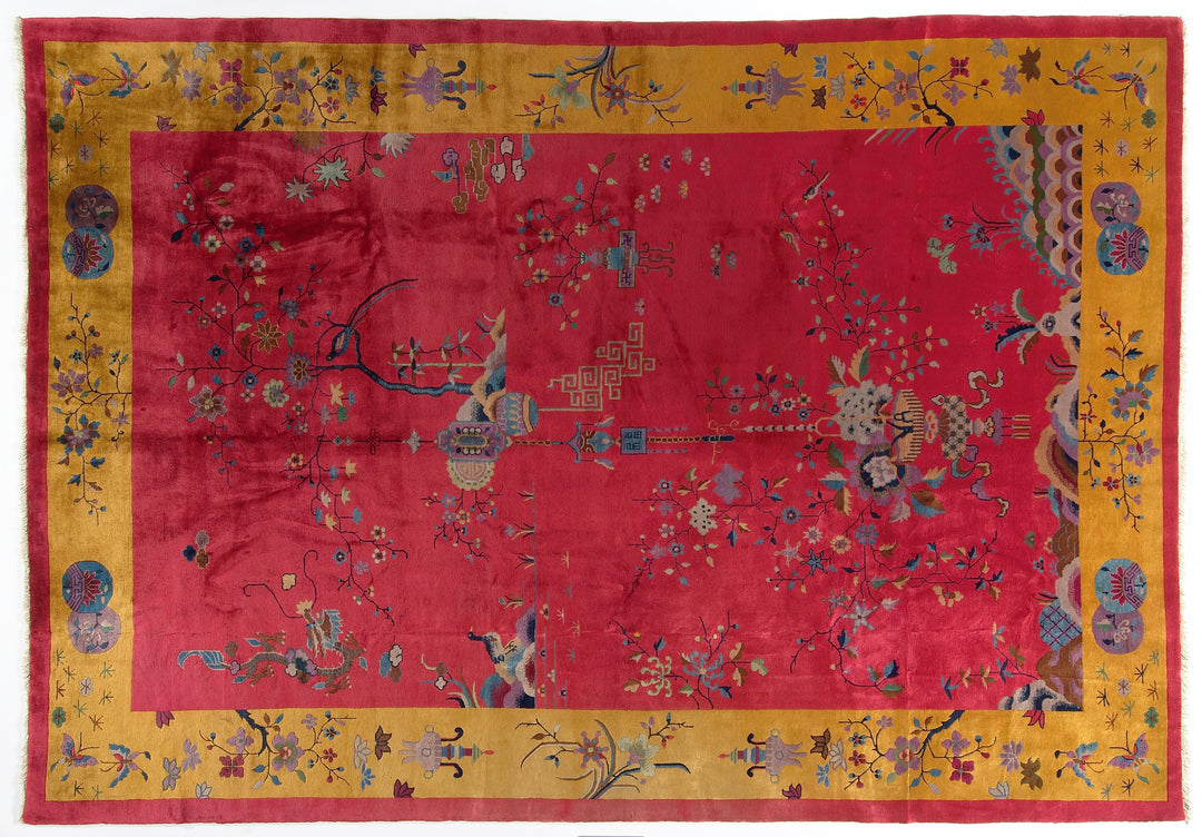 10'x14' Vintage Chinese Art Deco Rug | Red & Golden Yellow Dragon Motif Large Size Rug