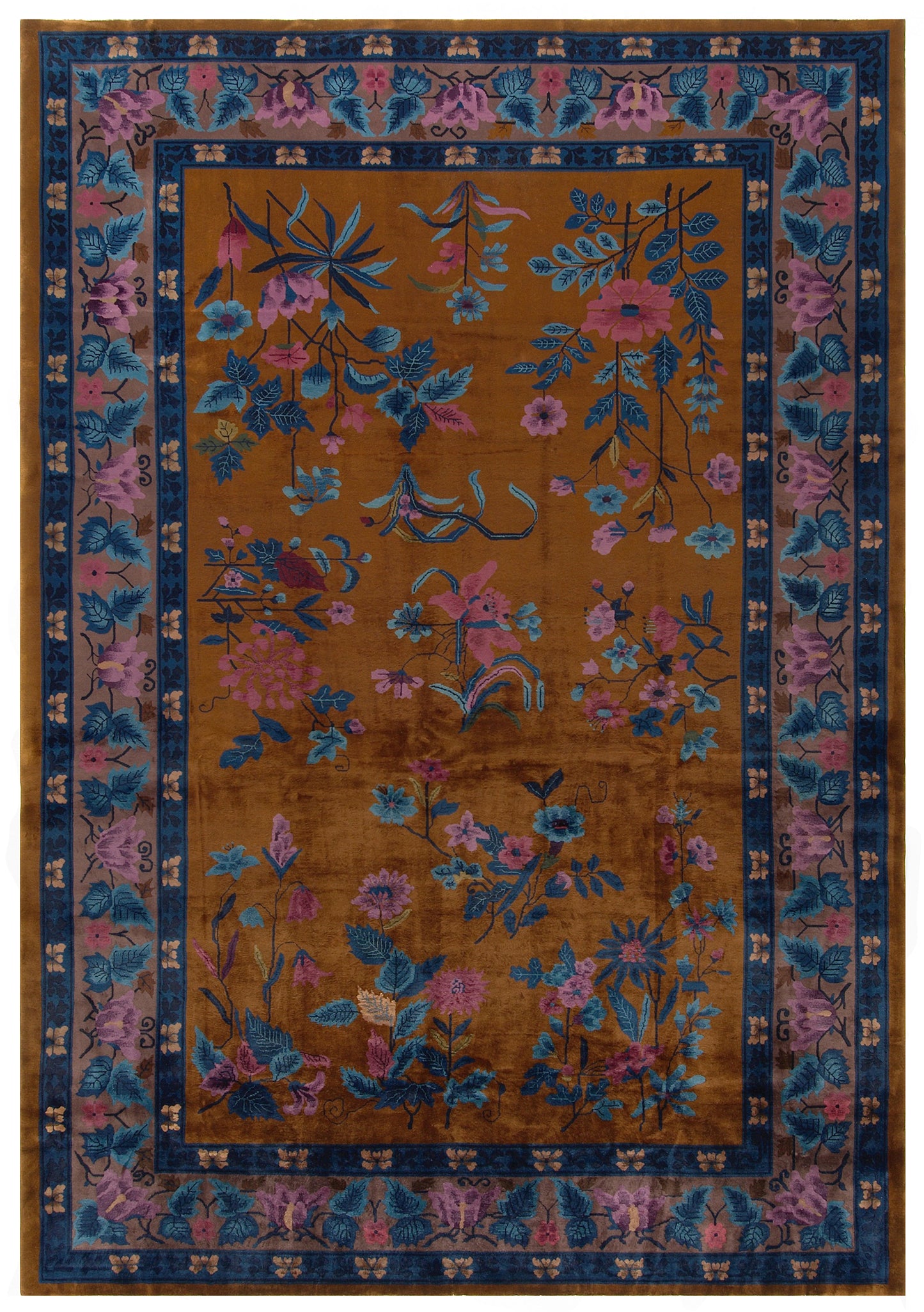 10'x14' Brown and Blue Floral Chinese Art Deco Rug