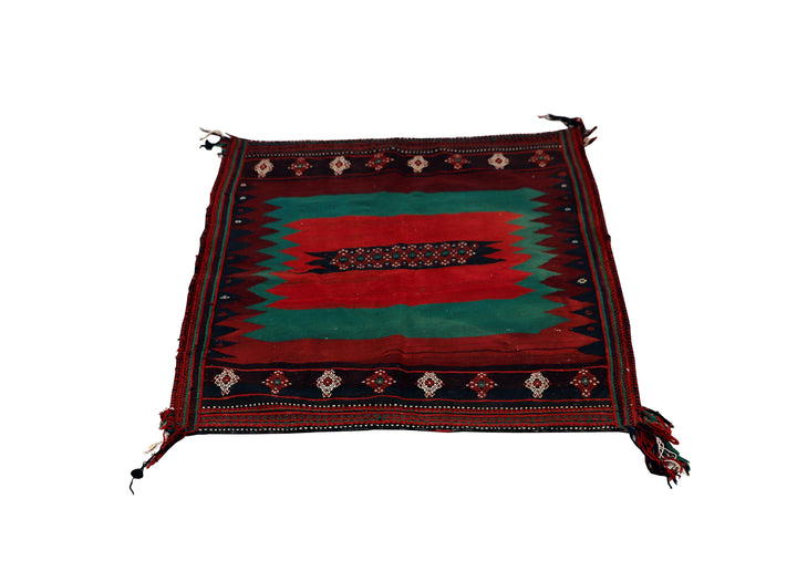 Authentic 4'x4' square Persian Rukursi Sofreh Kilim tribal rug with a hand-woven wool chevron pattern and textured flatweave pile details.