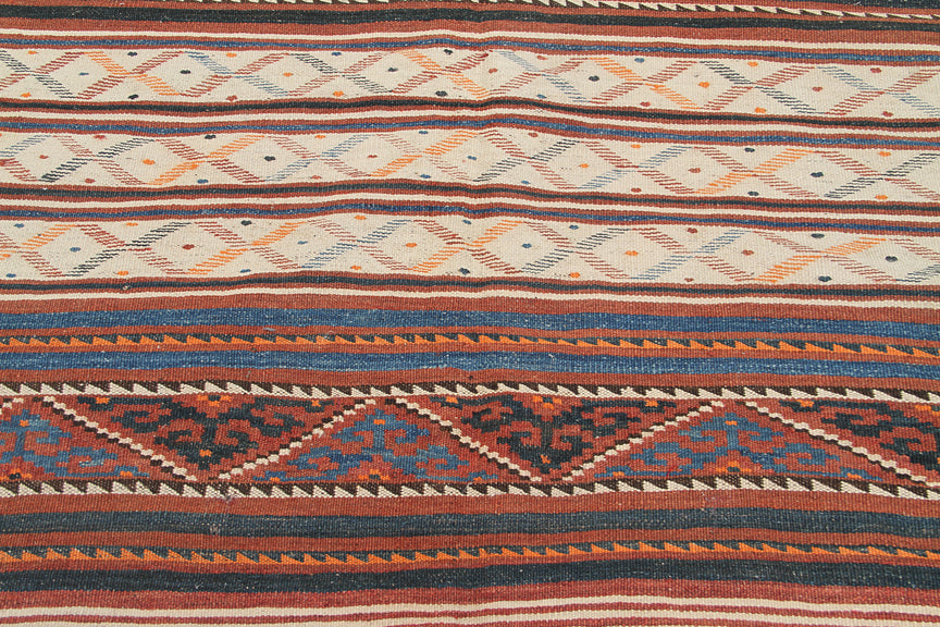 4’x10’ White, Blue and Red Striped Vintage Central Asia Afghan Uzbek Kilim