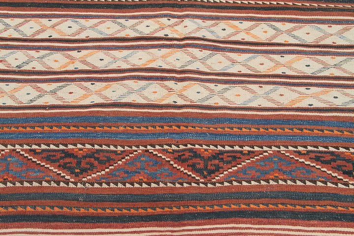 4’x10’ White, Blue and Red Striped Vintage Central Asia Afghan Uzbek Kilim