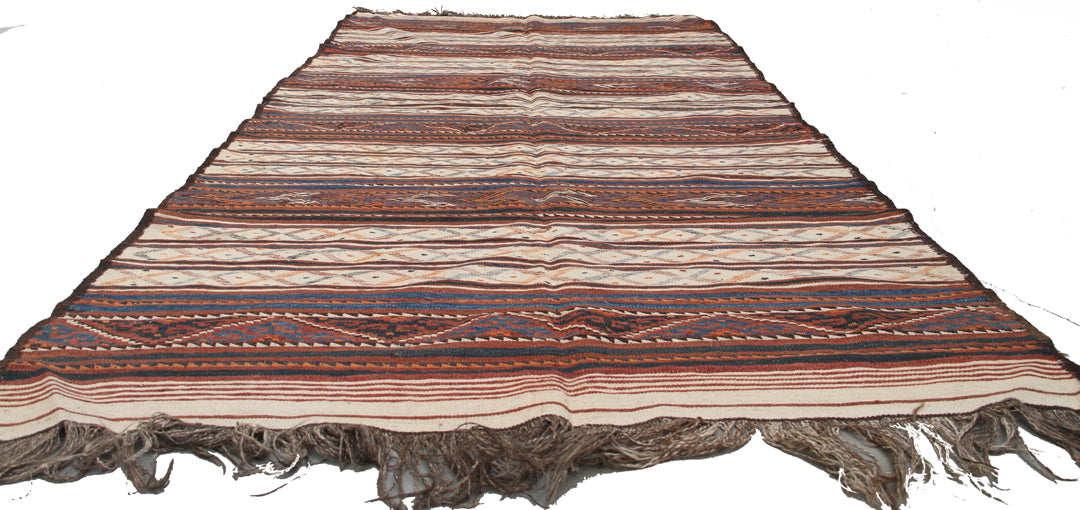 4’x10’ White, Blue and Red Striped Vintage Central Asia Afghan Uzbek Kilim