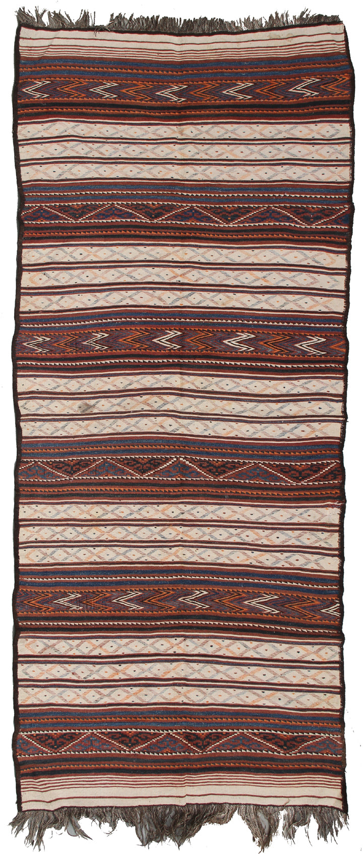 4’x10’ White, Blue and Red Striped Vintage Central Asia Afghan Uzbek Kilim