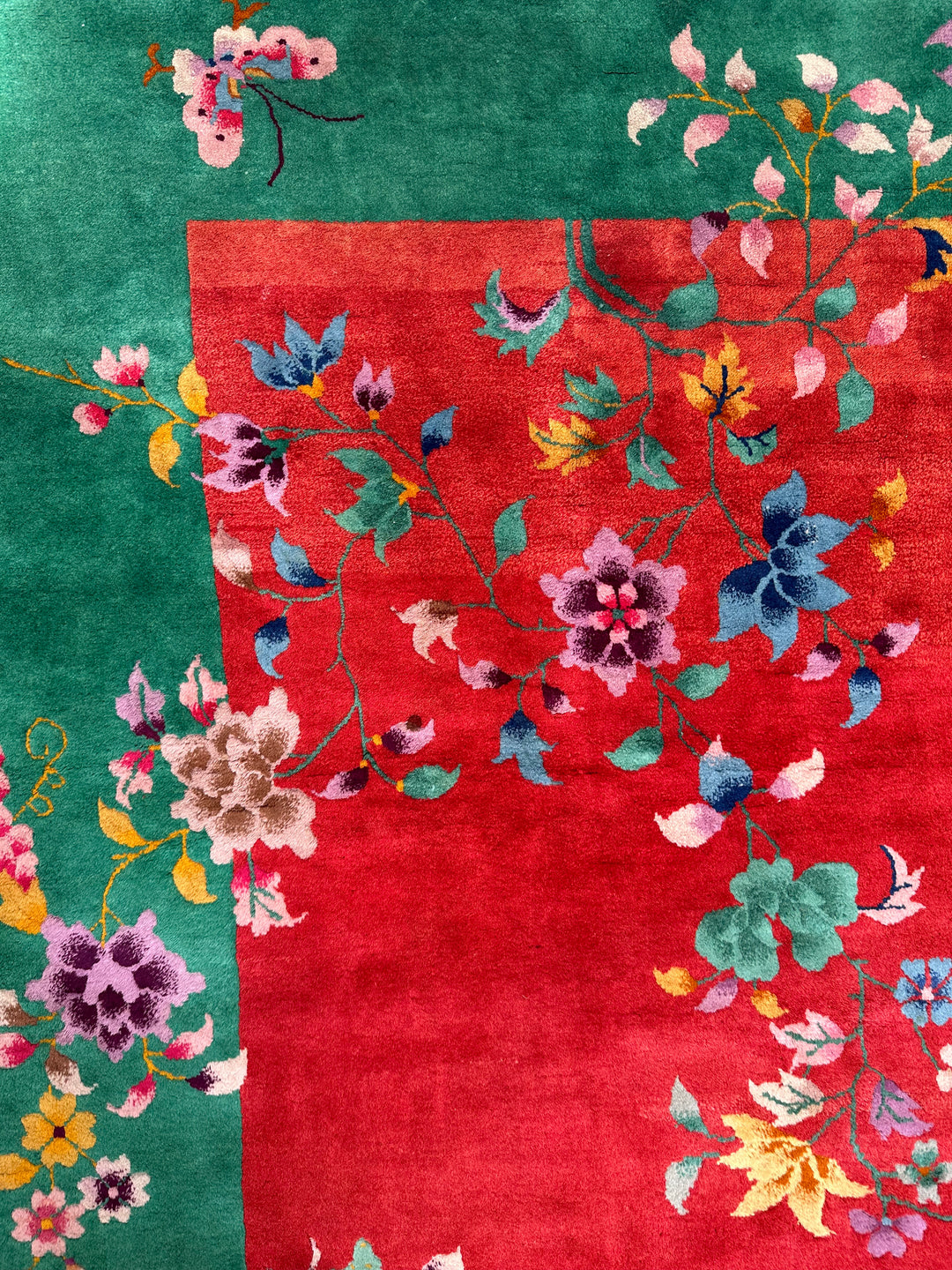 9'x11' Ruby Red and Emerald Green Floral Vintage Chinese Art Deco Rug