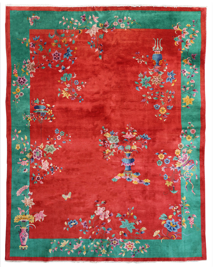 9'x11' Ruby Red and Emerald Green Floral Vintage Chinese Art Deco Rug