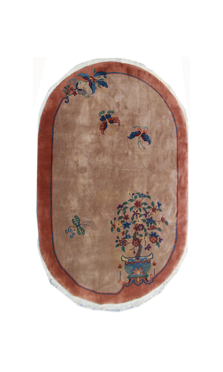 5'x8' Oval Brown Floral Chinese Art Deco Rug