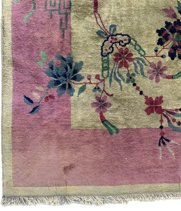 9'x11' Pink and Tan Beige Floral Chinese Art Deco Vintage Rug