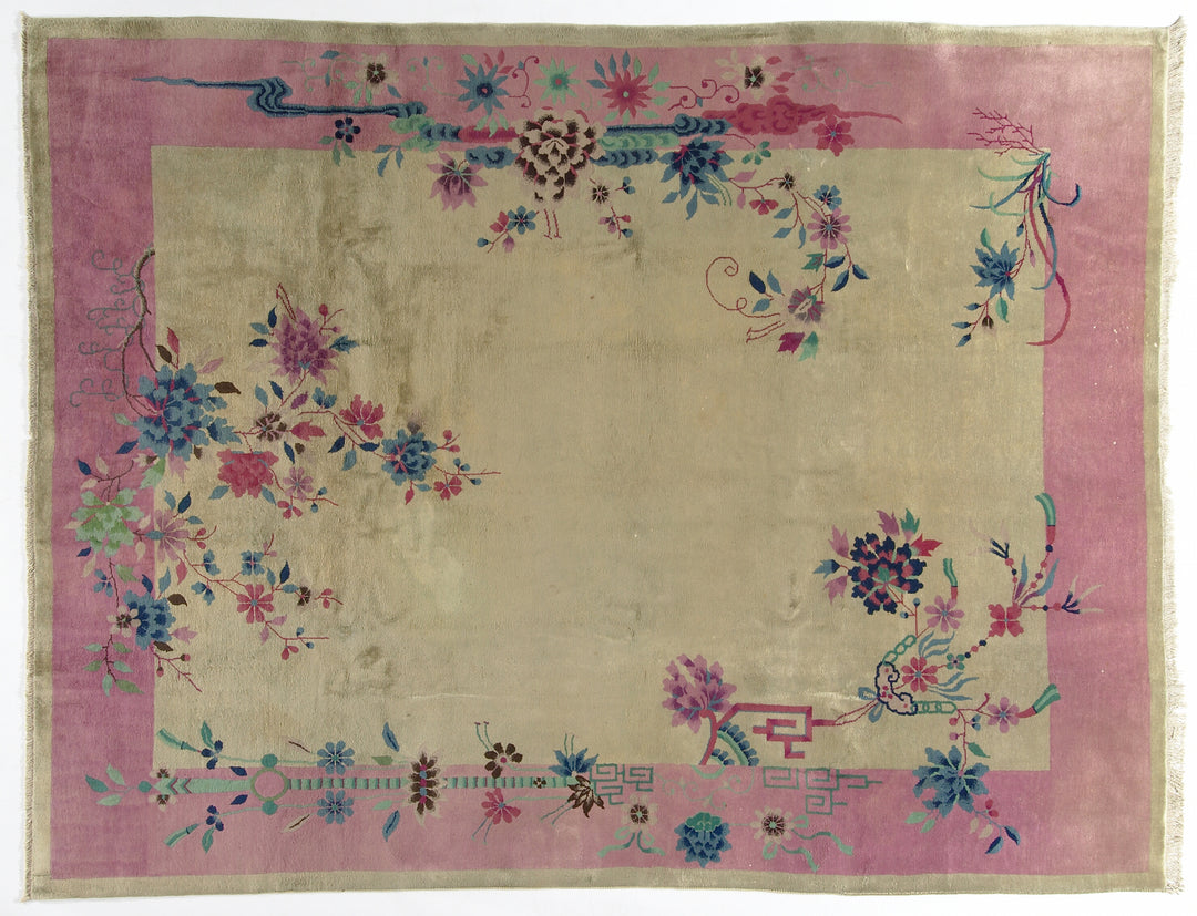 9'x11' Vintage Chinese Art Deco Large Size | Pink & Green Floral Wool Rug