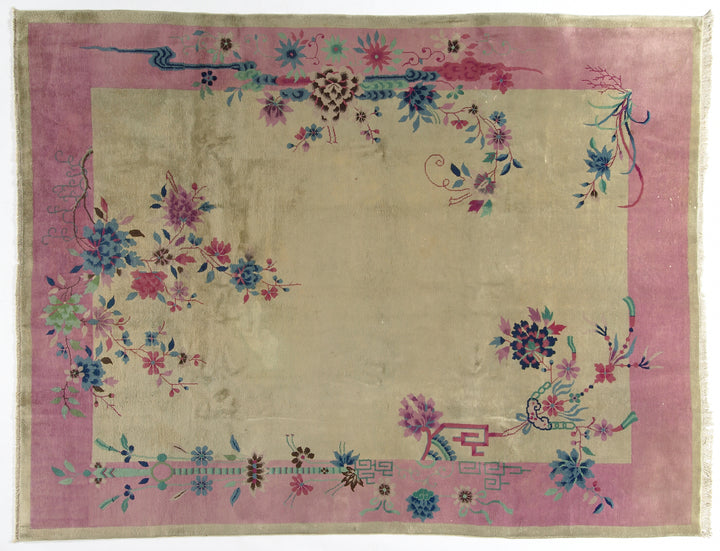 9'x11' Vintage Chinese Art Deco Large Size | Pink & Green Floral Wool Rug