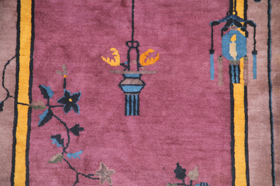 3'x5' Mauve Purple and Yellow Chinese Art Deco Rug