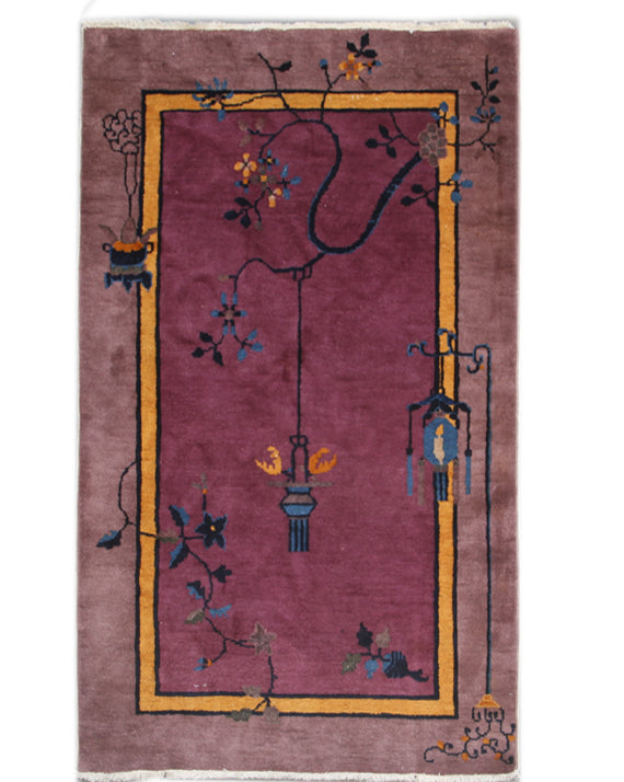 3'x5' Mauve Purple and Yellow Chinese Art Deco Rug