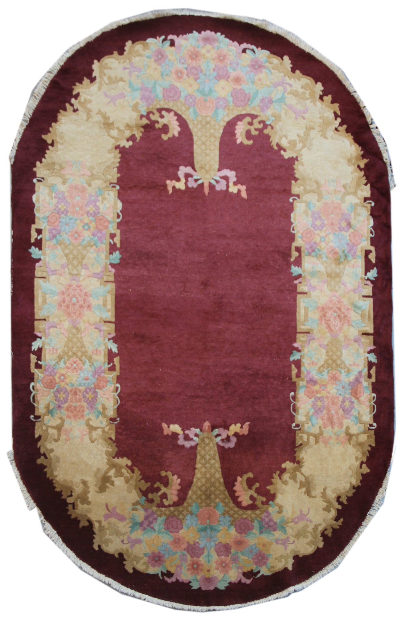 5'x8' Oval Burgundy and Tan Floral Chinese Art Deco Rug