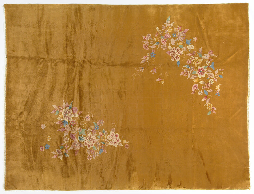9'x12' Vintage Chinese Art Deco Area Rug | Golden Yellow Floral Rug