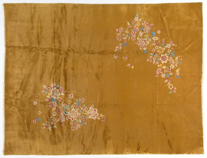 9'x12' Vintage Chinese Art Deco Area Rug | Golden Yellow Floral Rug