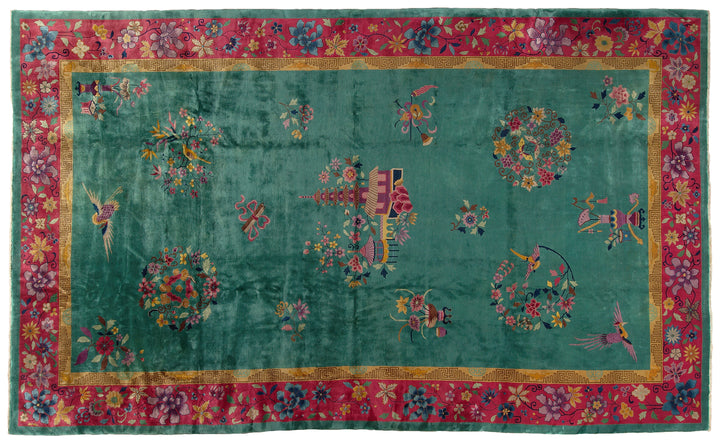11'x18' Vintage Chinese Art Deco Rug | Vintage Green Extra Large Size Area Rug