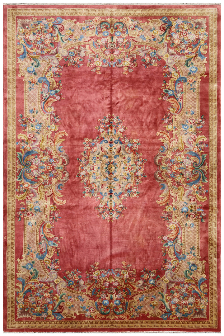 10'x15' Pink and Tan Vintage Chinese French Savonnerie Design Rug