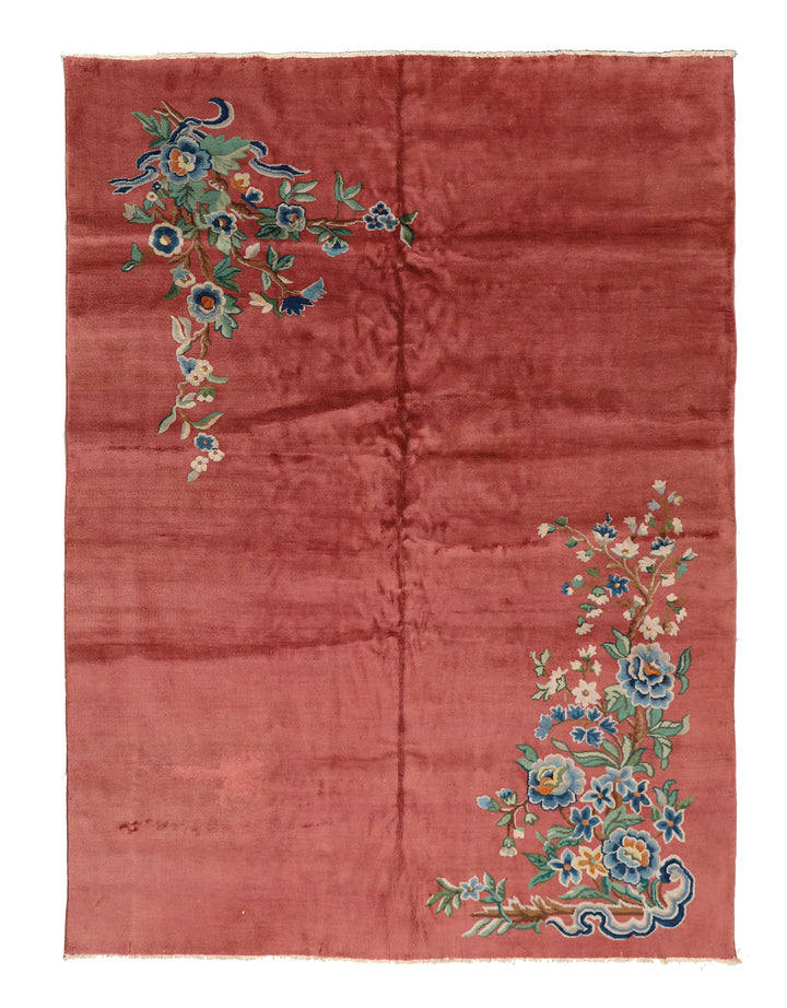 9'x11' Vintage Chinese Art Deco Rug | Salmon & Green | Floral Area Rug