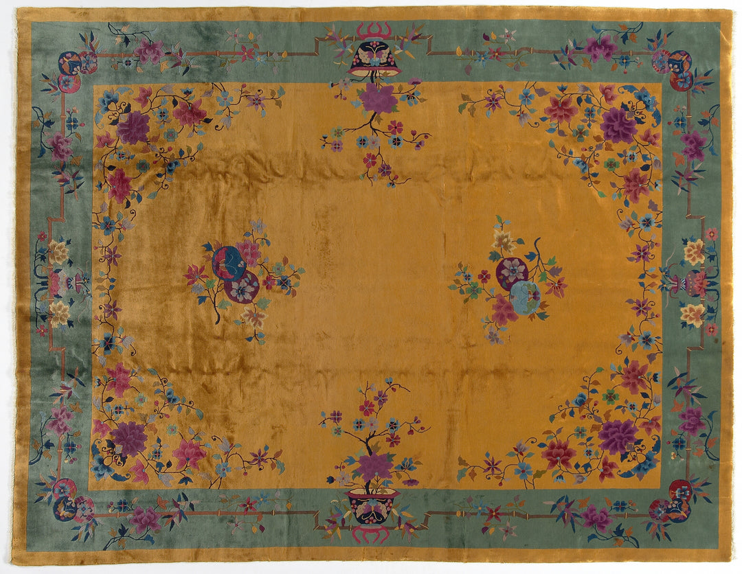9'x12' Vintage Chinese Art Deco Rug | Gold Floral with Shiny Wool large Size Rug