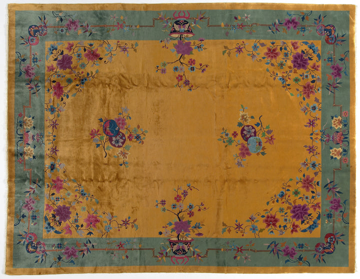 9'x12' Vintage Chinese Art Deco Rug | Gold Floral with Shiny Wool large Size Rug