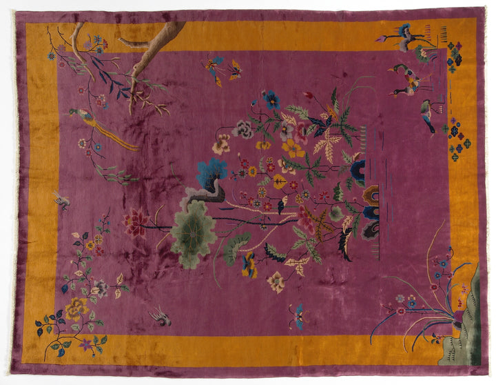 9'x12' Vintage Chinese Art Deco Peacock Rug | Purple & Golden Yellow Large Size Rug