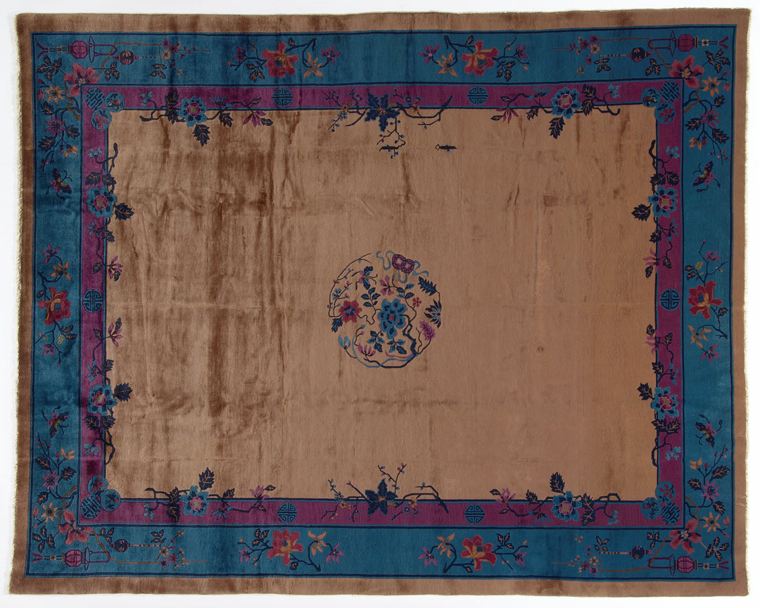 9'x11' Vintage Chinese Art Deco Rug | Brown & Blue large Size Rug
