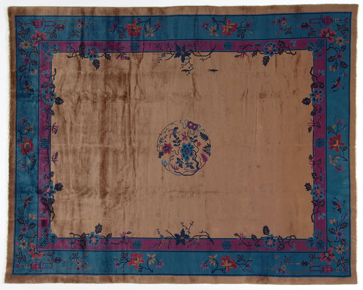 9'x11' Vintage Chinese Art Deco Rug | Brown & Blue large Size Rug