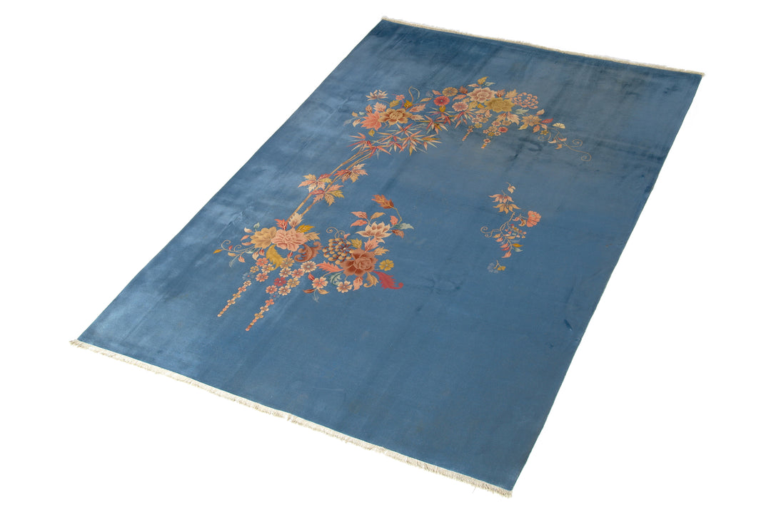 9'x12' Blue Floral Vintage Chinese Art Deco Rug