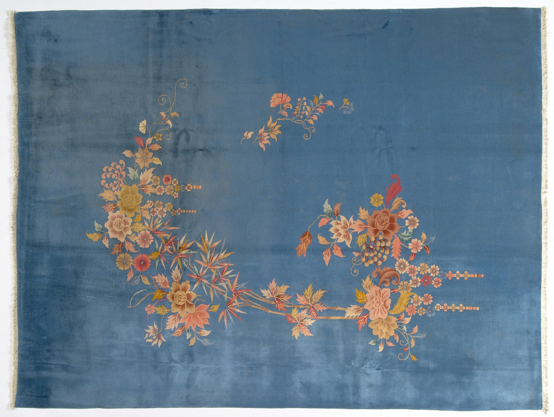 9'x12' Vintage Chinese Art Deco | Blue Floral Large Size Area Rug