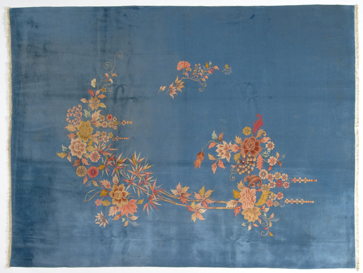 9'x12' Vintage Chinese Art Deco | Blue Floral Large Size Area Rug