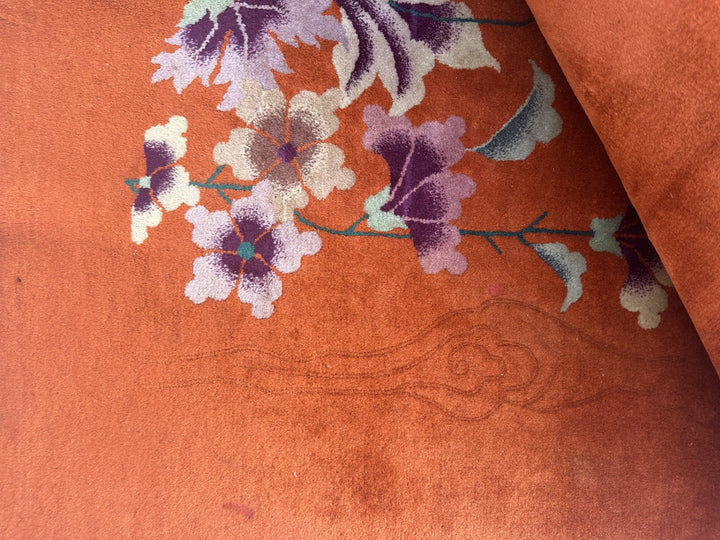 9'x11' Orange Floral Vintage Chinese Art Deco Rug