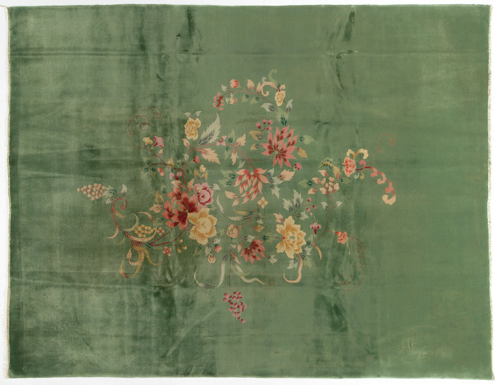 9'x11' Vintage Chinese Art Deco Rug | Green Floral Large Size Rug