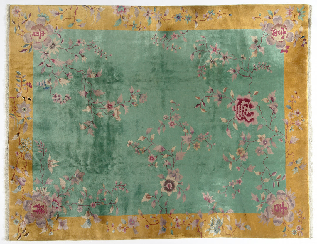 9'x12' Vintage Chinese Art Deco | Green & Gold Floral Large Size Rug
