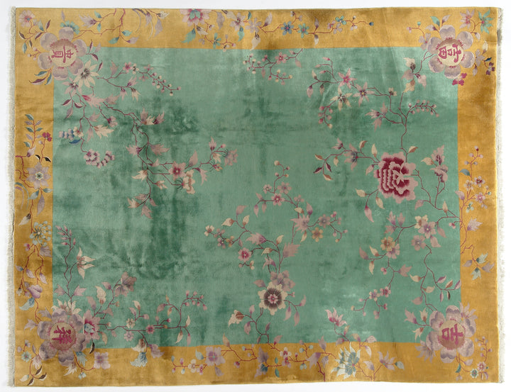 9'x12' Vintage Chinese Art Deco | Green & Gold Floral Large Size Rug