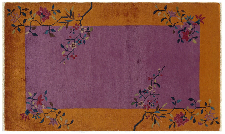3'x5' Purple and Orange Floral Chinese Art Deco Small Size Rug