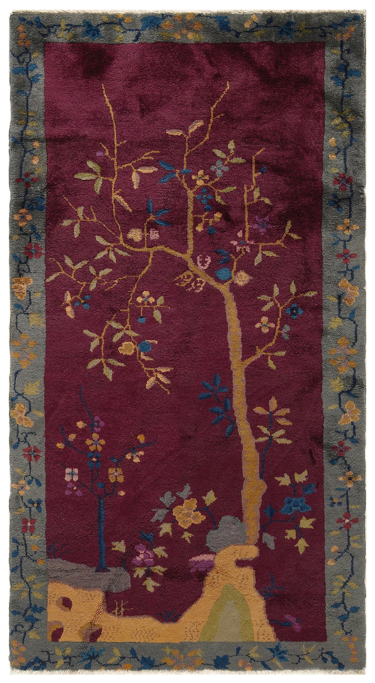 3'x6' Maroon Floral Chinese Art Deco Rug