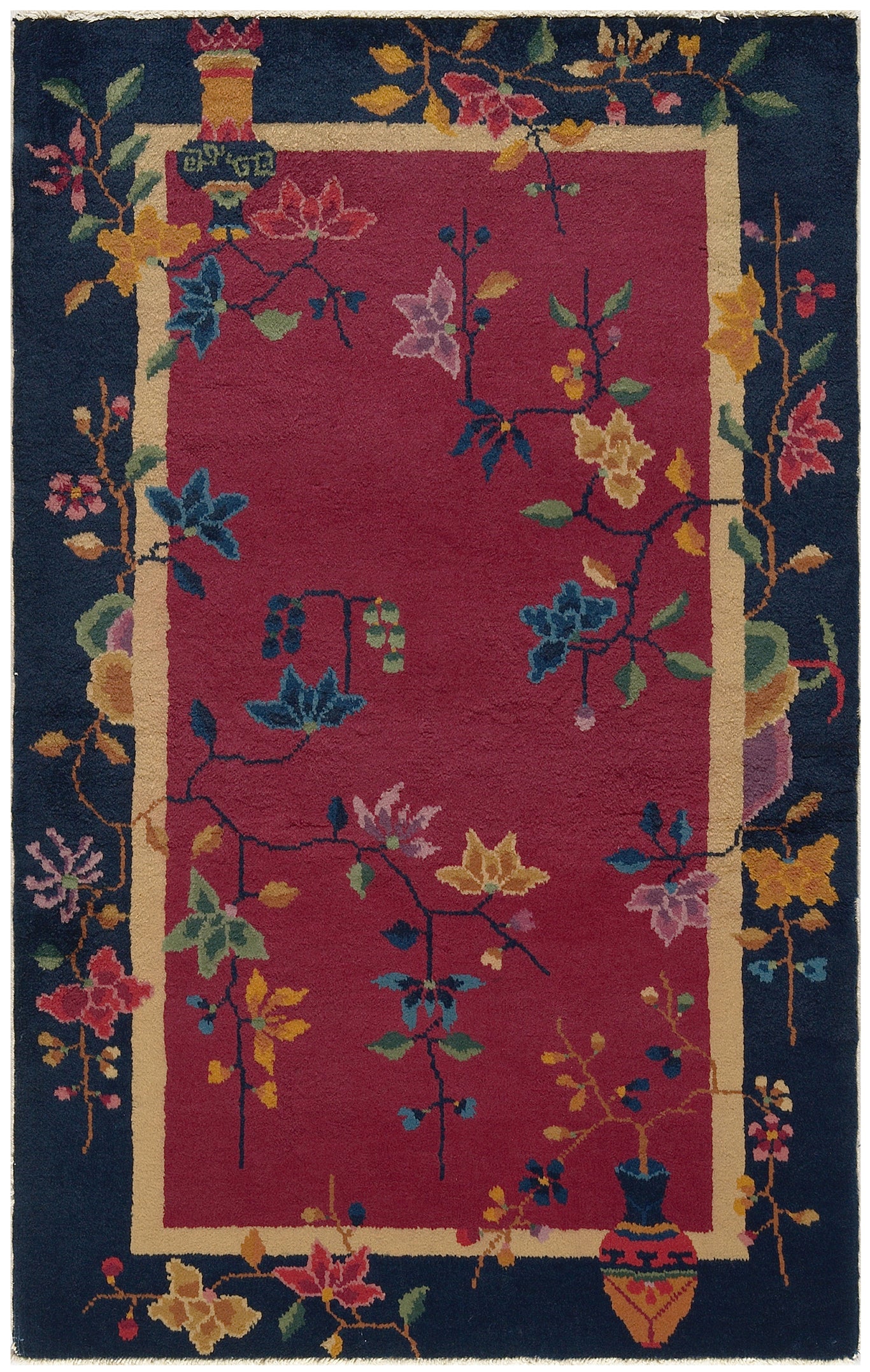 3'x5' Red and Navy Blue Floral Chinese Art Deco Rug